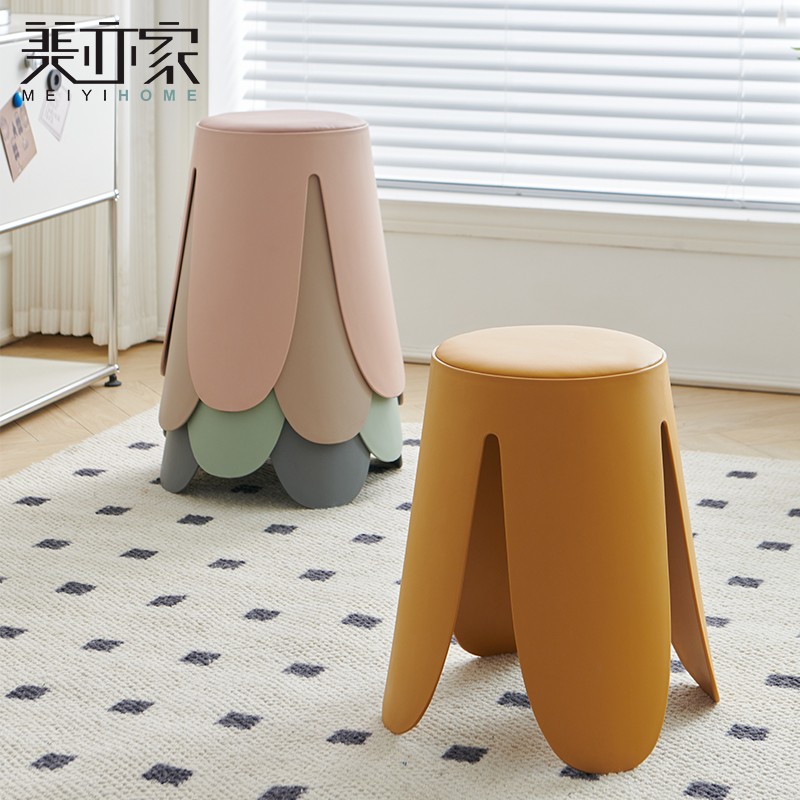 塑料凳子加厚家用可叠放餐桌椅圆板凳轻奢高级感软包凳轻简梳妆凳