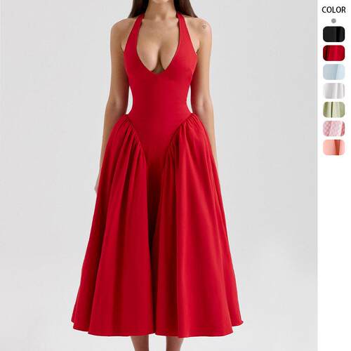 Women's Plain Deep V Neck Tie Shoulder Cami Dress Elegant