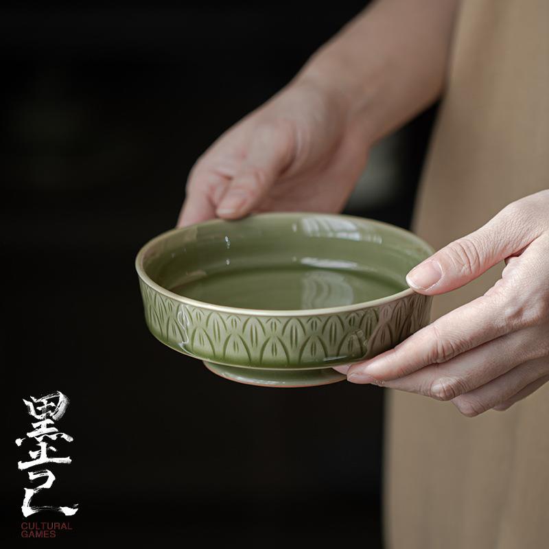 墨己 越窑青瓷陶瓷壶承 半刀泥莲瓣纹茶壶盖碗底托 干泡盘茶点盘