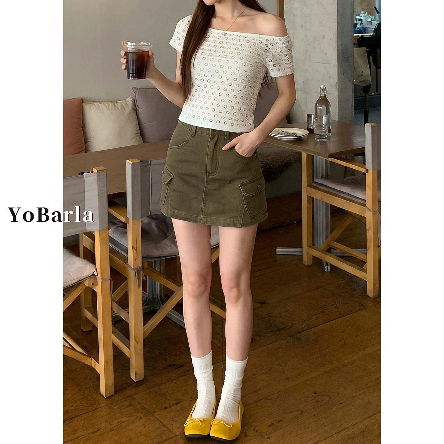 军绿色美式工装牛仔短裙女夏季新款大尺码胖mm高腰显瘦a字半身裙