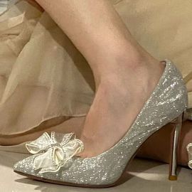 法式水晶银色蝴蝶结高跟鞋女浅口尖头，细跟单鞋亮片，婚纱婚鞋新娘鞋