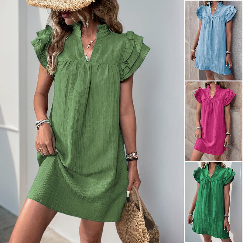 Lotus leaf sleeve dress, short skirt, T-neck pullover