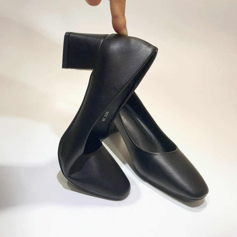 工作鞋女黑色职业气质粗跟久站不累脚方头软底上班面试高跟正装鞋