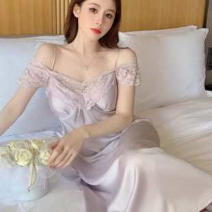跨境直播睡衣女夏季 睡裙蕾丝甜美带胸垫家居服 薄款 冰雪丝中长款
