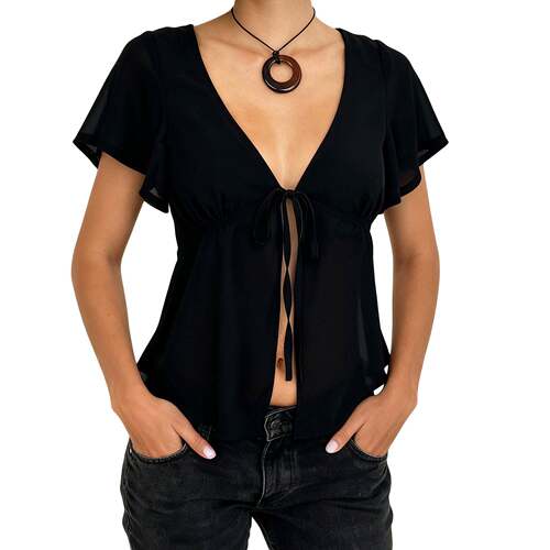 Women's Summer Tie Front Tops Short Sleeve Deep V Neck