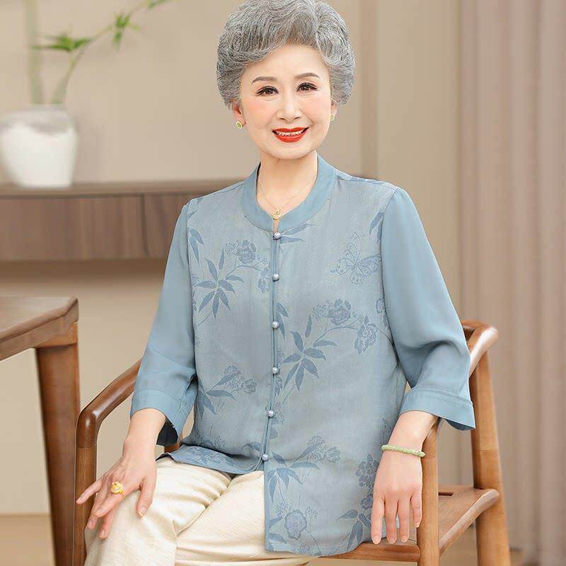 高贵中老年人奶奶夏装桑蚕丝衬衫女开 衫两件套大尺码真丝透气上