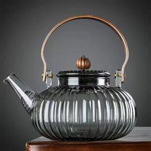 条纹透黑玻璃花茶泡茶壶电陶炉加热烧水煮茶壶木把如意南瓜提梁壶