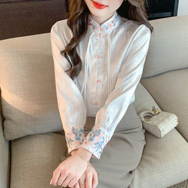 新中式国风白色长袖刺绣衬衫，2024春季女装复古盘扣流苏上衣