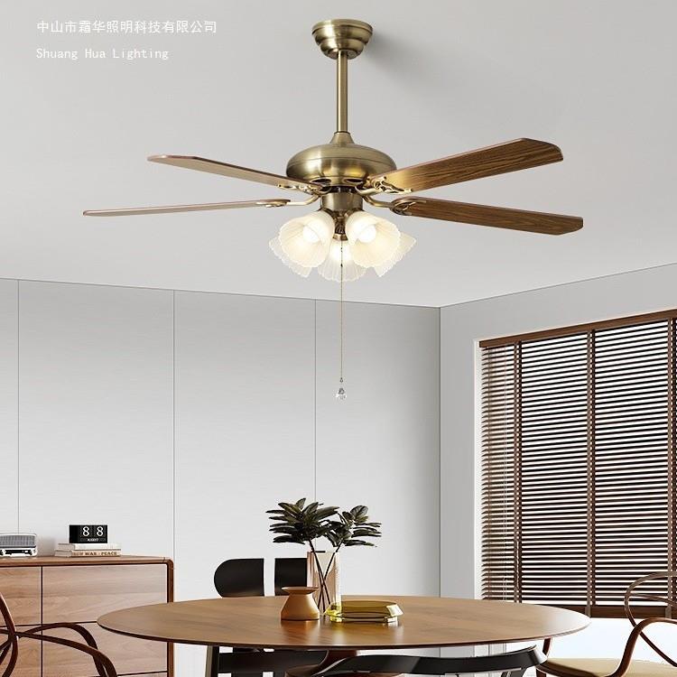 风扇灯新款美式复古中古风餐厅吊扇灯欧式静音木叶客厅电扇一体灯