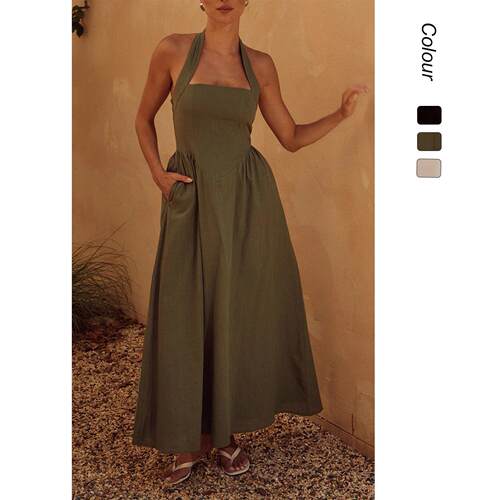 Women's Summer Fashion Wide Strap Backless Dress, Elegant Ha