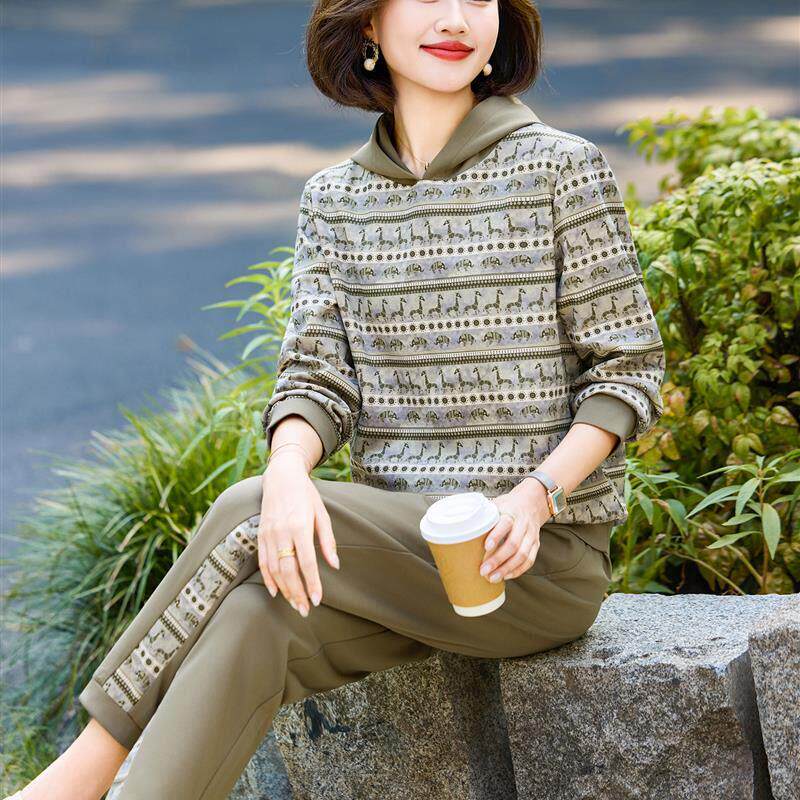 CVY中年妈妈套装女2026春秋新款休闲晨练长袖运动服洋气卫衣潮服