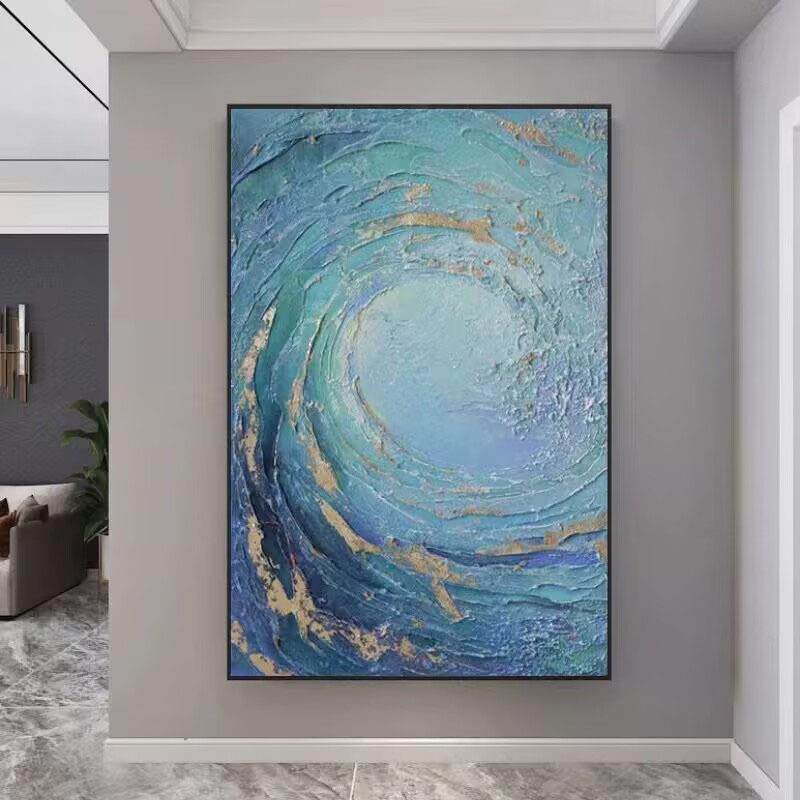 纯手绘油画风生水起客厅装饰画海浪立体肌理手工挂画玄关入户壁画
