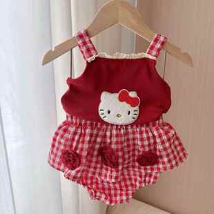 宝宝可爱kt猫吊带套装夏季2026女童夏款背心上衣红格子花苞两件套