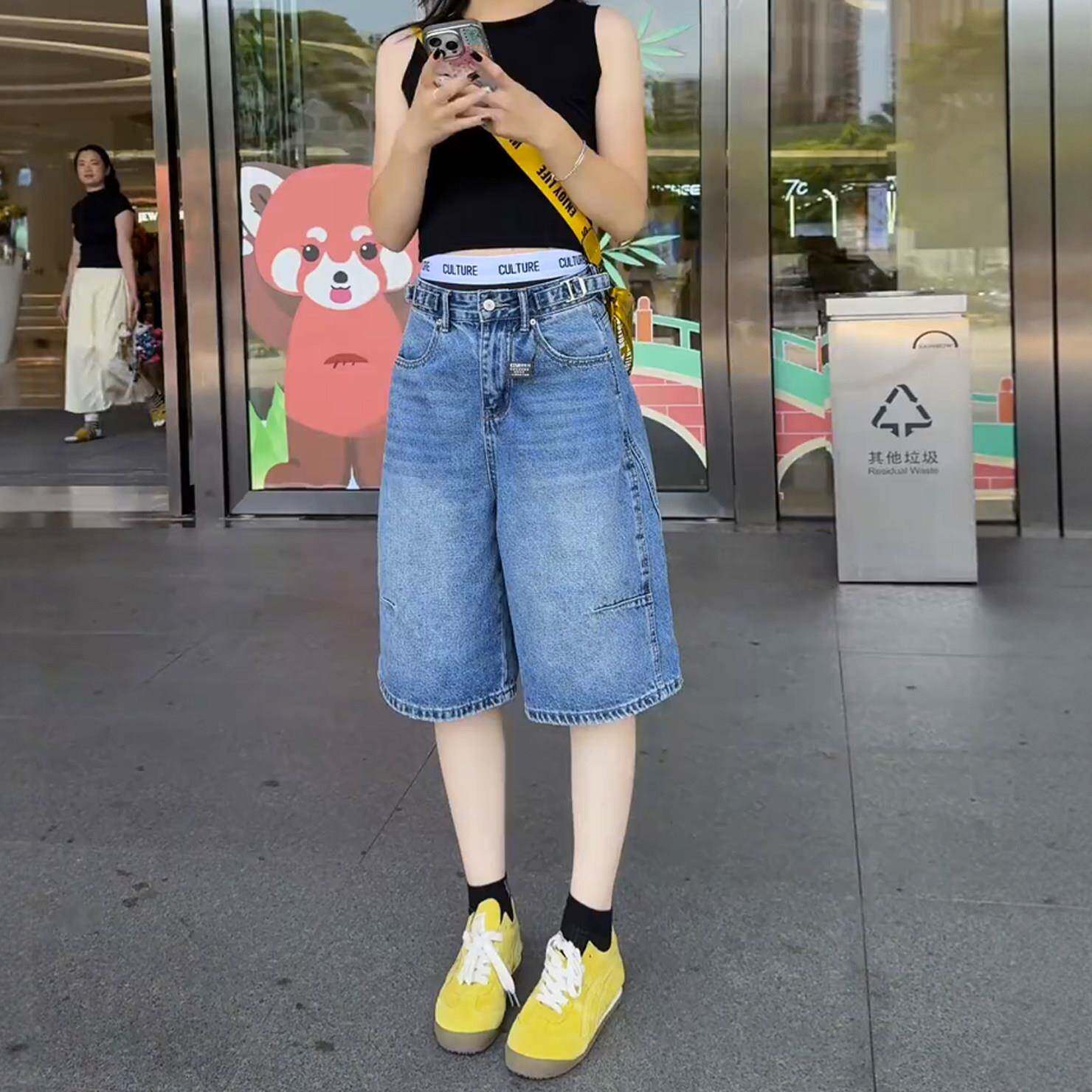 大尺码牛仔短裤女夏季薄款2026新款夏天高腰五分裤胖mm显瘦阔腿五