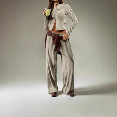 2pcs Women's Striped Crop Top & Wide-Leg Pants Set