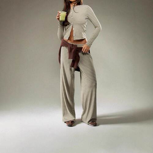 2 Piece Crew Neck Short Sleeve Striped Fitted Top & Wide Leg