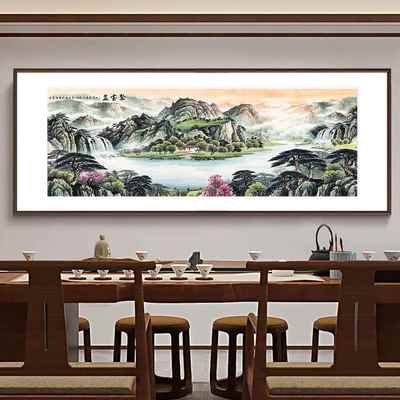 网红聚盆客西墙厅发无太山水画中阳式沙背景墙装饰画茶宝室挂画靠