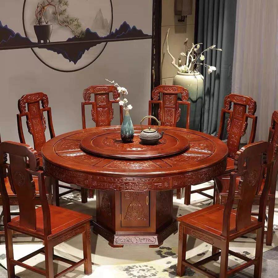 实木餐桌椅餐桌组合转盘橡木彷古雕花餐桌椅中式圆桌家用古典桌子