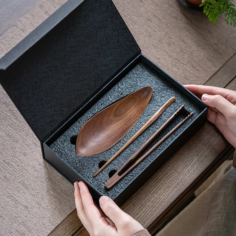 中式胡桃木茶则禅意实木茶荷三件套组茶夹茶拨针胡桃茶荷茶道配件