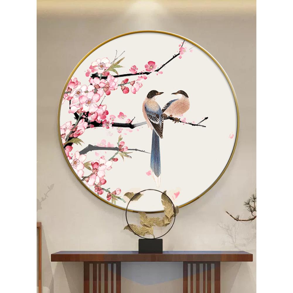 喜鹊桃花装饰画花鸟圆形入口新中国风桃花运中国风卧室床头挂画