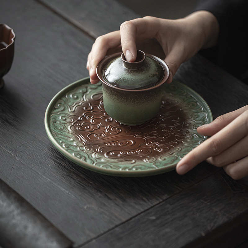 粗陶复古窑变浮雕祥云壶承高足盘点心盘 功夫茶具陶瓷托盘干泡盘