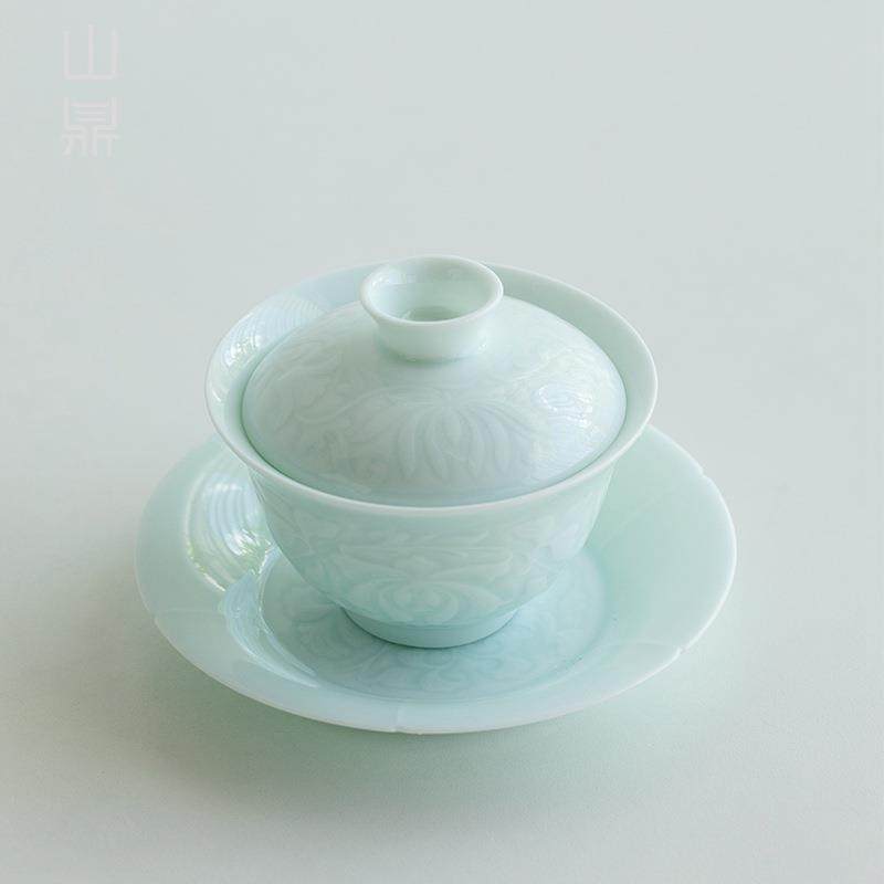 山鼎湖田影青浮雕三才盖碗陶瓷功夫家用茶具单个大号泡茶碗手抓碗