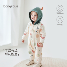 babylove婴儿连体衣春秋外出防风双层纯棉宝宝，连帽哈衣爬服可爱萌