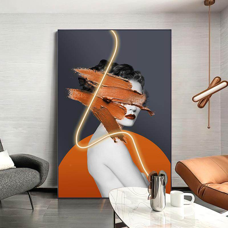 直销新款创意LED灯带少女人物装饰画现代轻奢客厅玄关背景墙大挂