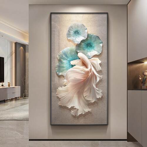 锦鲤玄关装饰画招财寓意好入户正对门挂画轻奢高级感走廊过道壁画