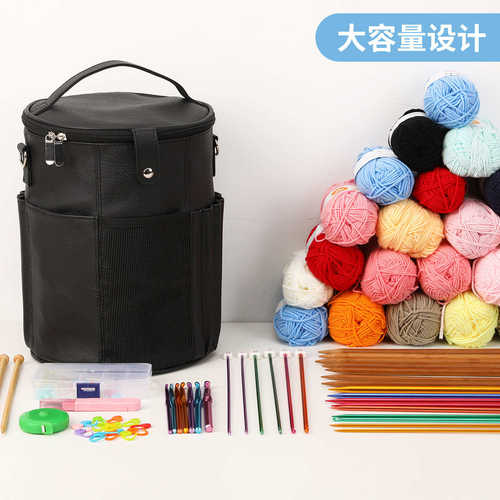 新款毛线编织工具收纳包PU圆桶棒针收纳桶包多功能编织配件整理包