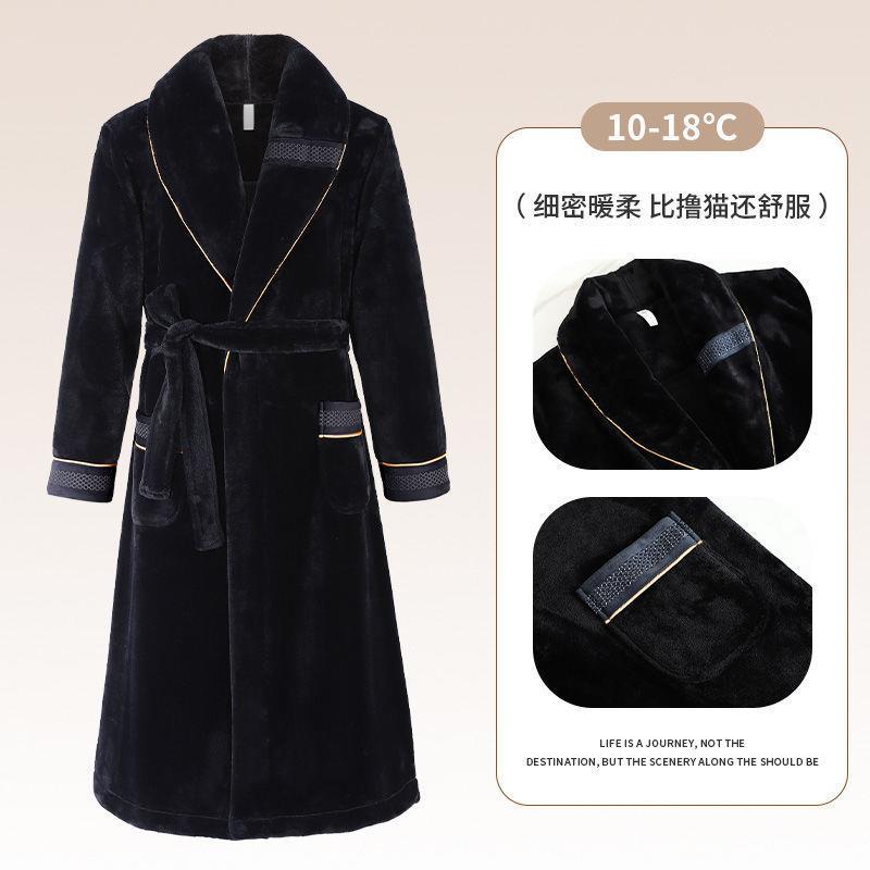 xKW法兰绒男士睡袍秋冬加绒加厚保暖珊瑚绒浴袍中长款家居服冬季