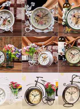 JWH欧式静音台钟卧客厅钟表摆室件田园铁艺小钟台式座钟时钟钟