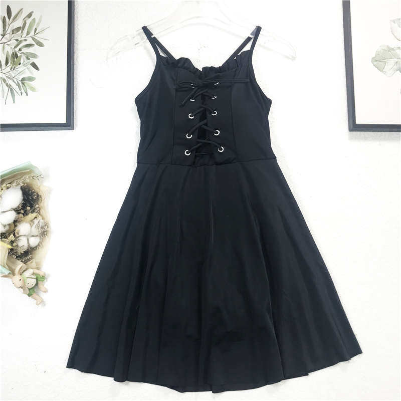 纯色黑色少女连体泳衣女小胸聚拢收腰显瘦显瘦遮肚平角裤裙式泳装