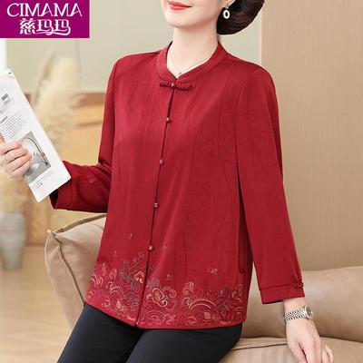 2024新款妈妈喜服婚宴装中式国风衬衫中老年女红色衬衣喜婆婆礼服