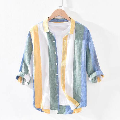 Striped linen seven quarter sleeved shirt for men,