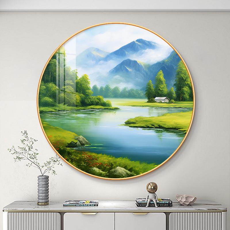 山水画青山绿水挂画玄关客餐厅走廊过道圆形装饰画背有靠山风景画