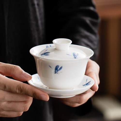 羊脂玉瓷三才盖碗蝴蝶兰现代泡茶碗家用不烫手功夫茶具泡茶器茶杯