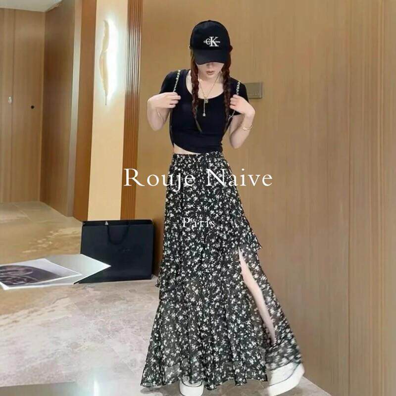 Rouje Naive复古荷叶边开衩碎花半身裙女26春夏不规则显瘦雪纺裙