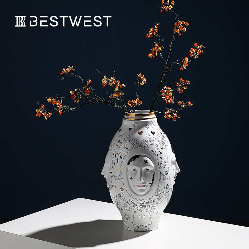 Best west 彩绘人脸浮雕陶瓷花瓶摆件 设计师软装陶罐花器装饰品