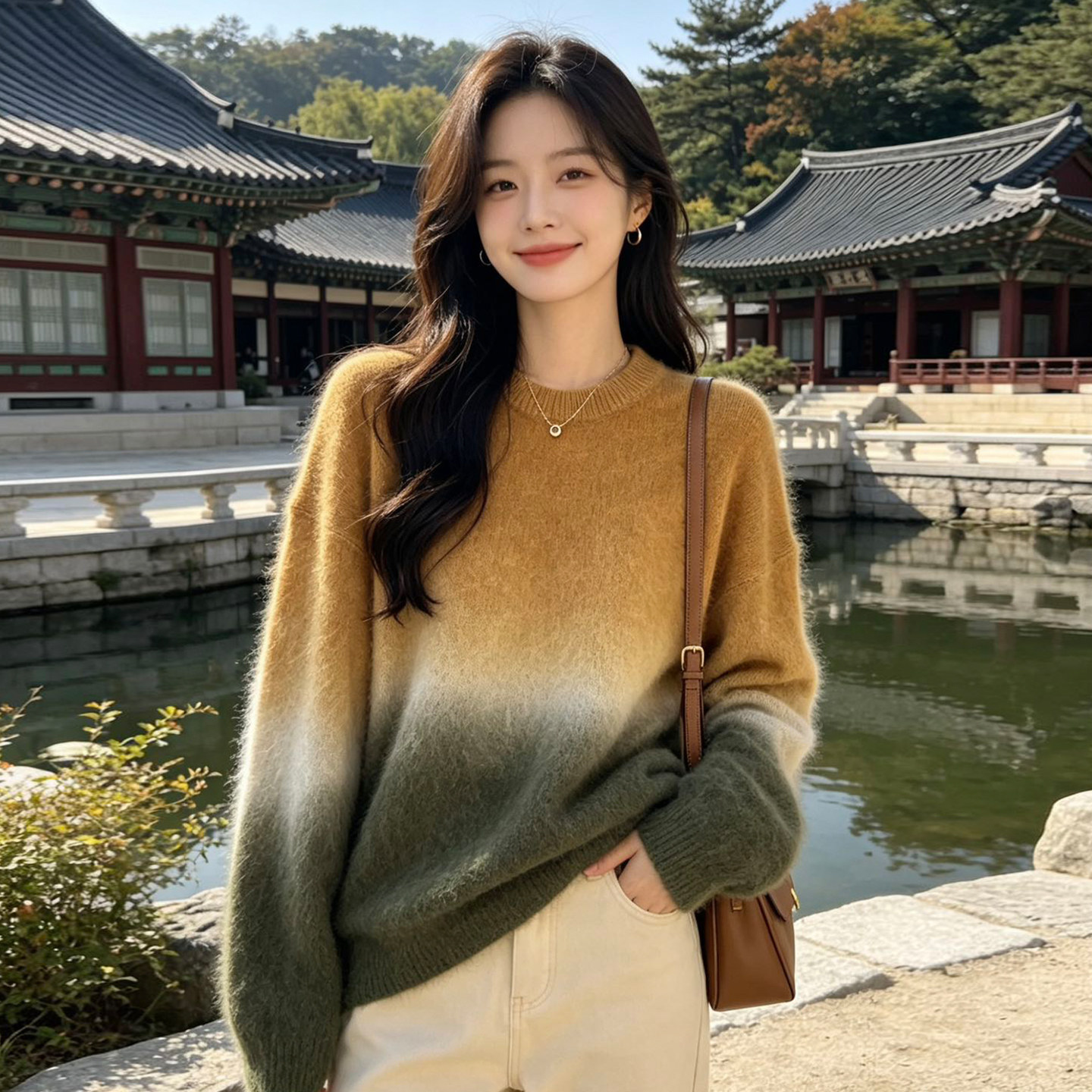 秋冬百搭女毛衣慵懒风渐变色拉绒针织衫圆领宽松套头长袖加1021k