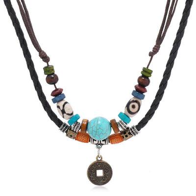 Turquoise beaded woven leather necklace Men