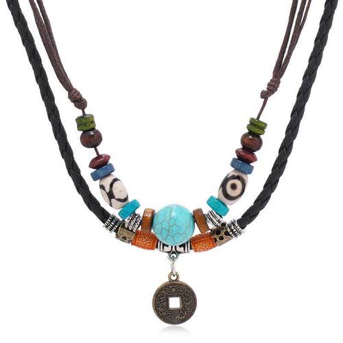 Turquoise beaded woven leather necklace Men