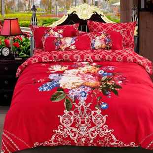 高档3D棉婚庆磨毛四纯件套大红被套全棉新1.8床上婚用品床m单4件