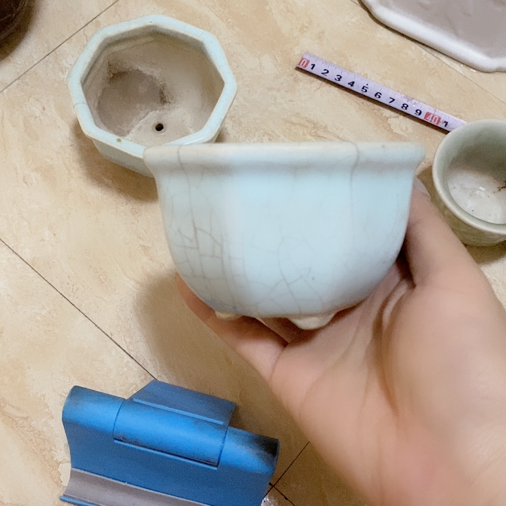 料器花老青瓷花盆清仓蓝瓷8角2个