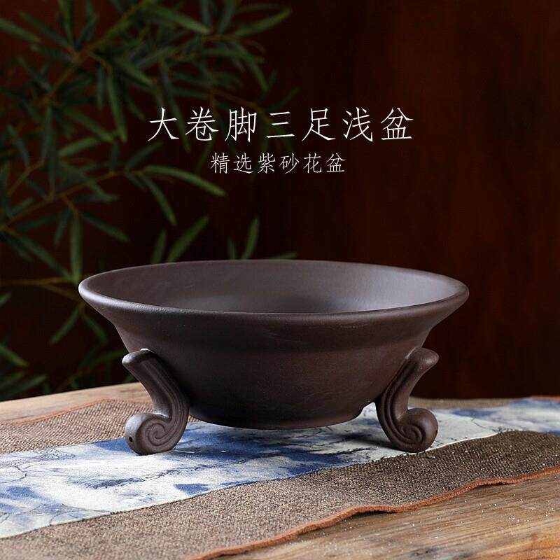 自在屋精选紫砂大号花盆卷脚三足三色透气宜兴紫砂正品盆景盆