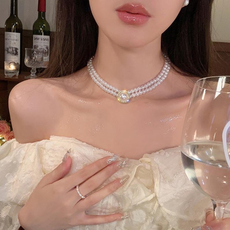 真金电镀珍珠镶钻花朵项链小众时尚百搭锁骨链气质轻奢高级感饰品
