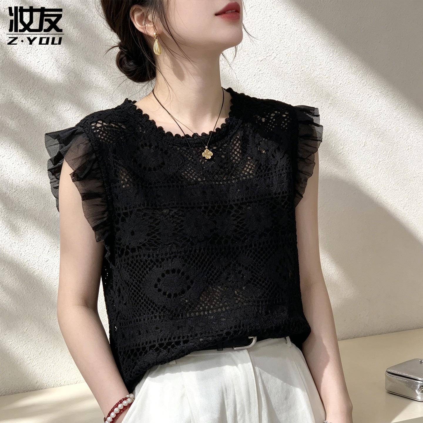 极速黑色蕾丝衫上衣女无袖巨好看镂空钩花高级感独特漂亮小衫2026