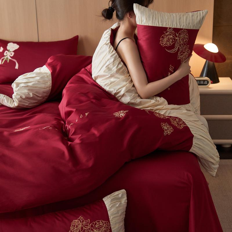 舒尊客1||婚高奢庆LYLY00S全磨棉毛四件套秋冬季刺绣红色结婚喜庆