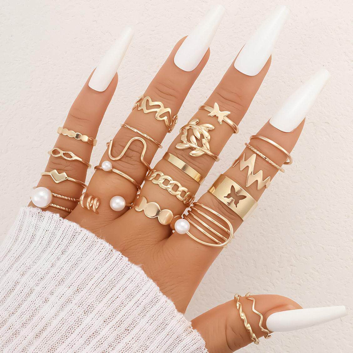 20 piece set of hollowed out butterfly pearl rings - 实物图