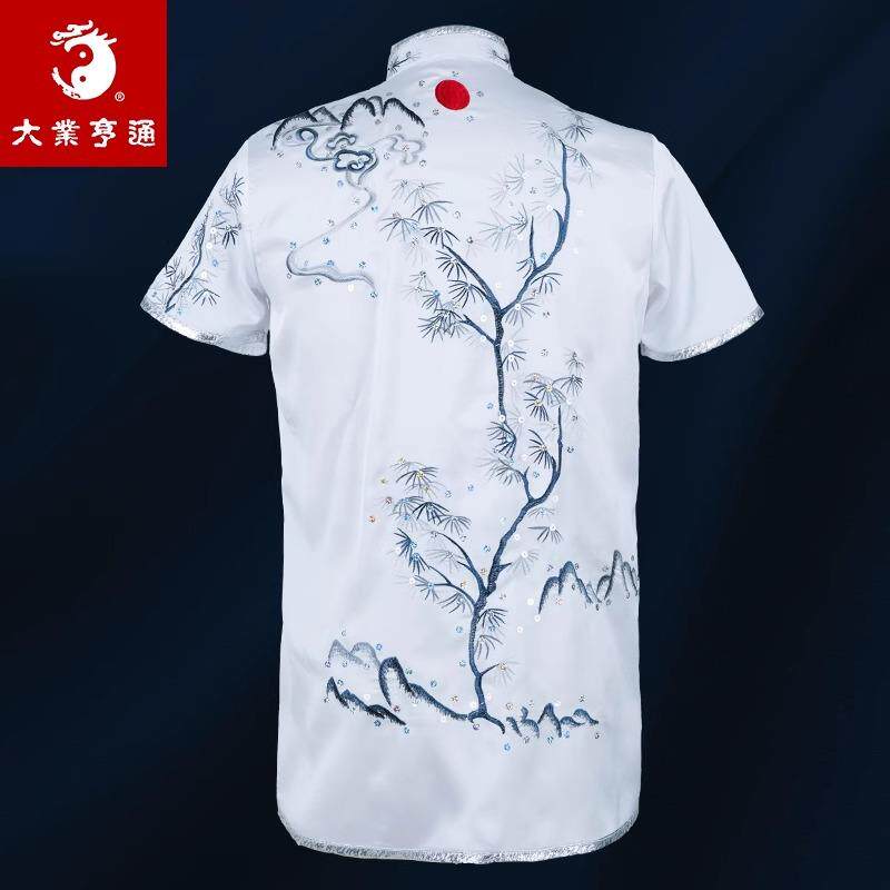 大业亨通武术表演服白色纺丝训练比赛专用服装男刺绣练功青松